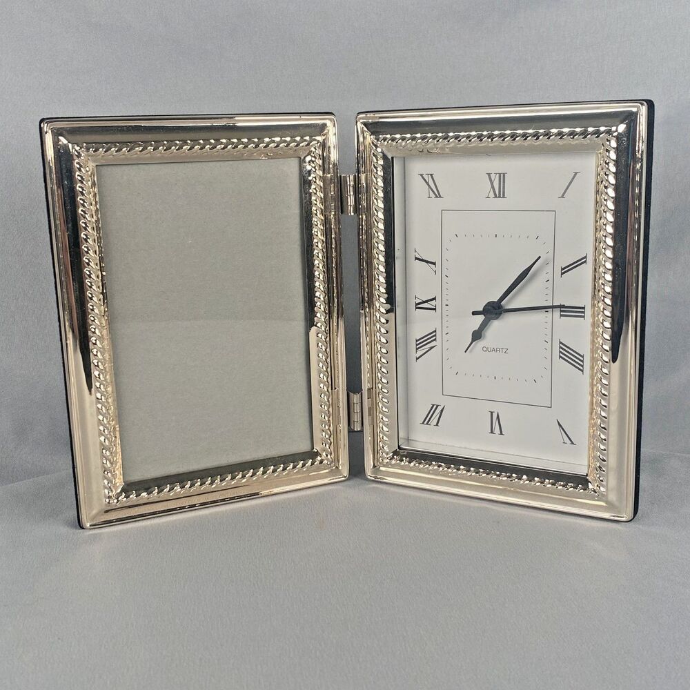 Vintage Bi-Folding 5" x 7" Gold Tone Photo Frame with Quartz Clock